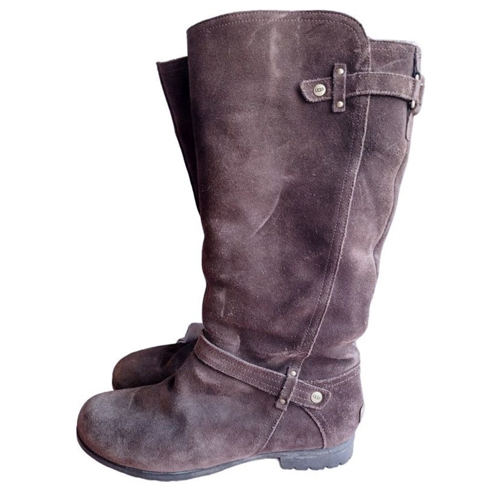 UGG Australia Kensington Chocolate Brown Suede Sheepskin Tall Buckle Boots 8.5